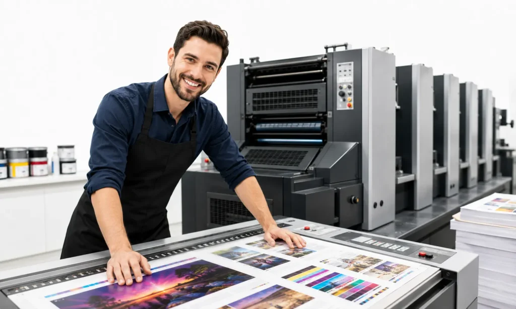 home page cover:- a man working at printing press workstation